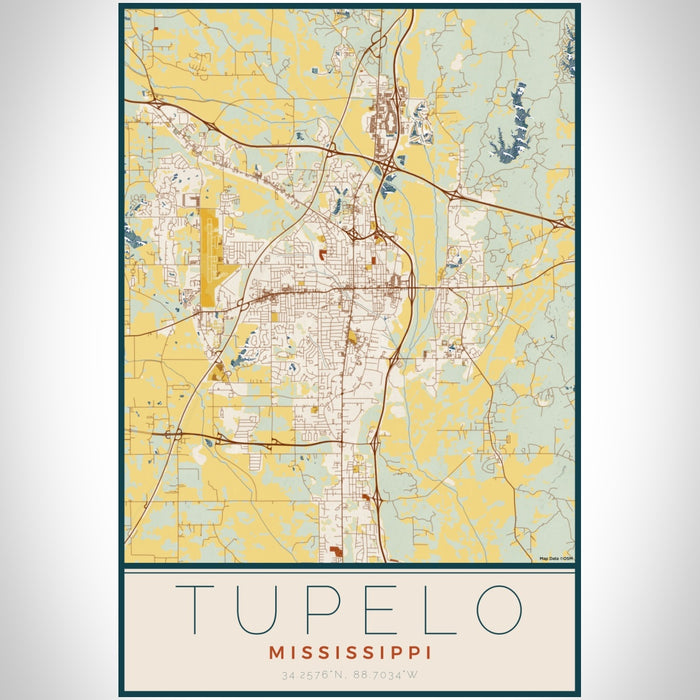 Tupelo Mississippi Map Print Portrait Orientation in Woodblock Style With Shaded Background