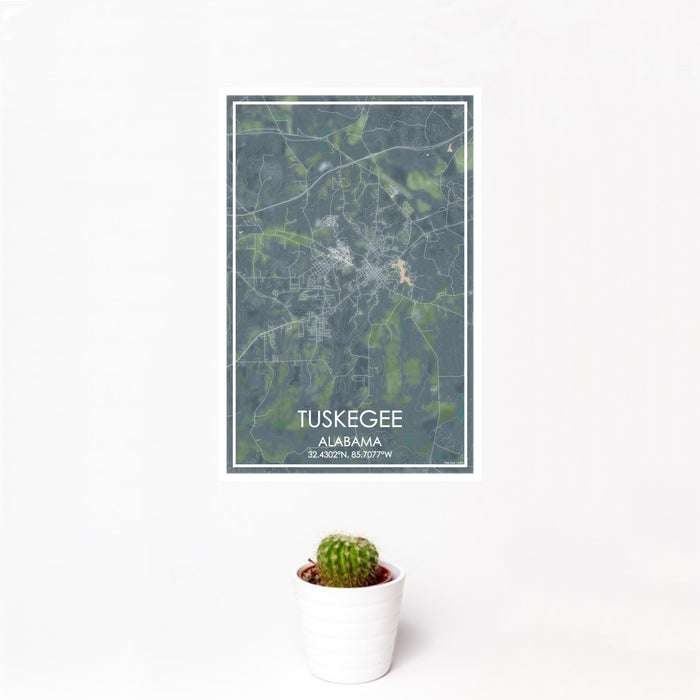 12x18 Tuskegee Alabama Map Print Portrait Orientation in Afternoon Style With Small Cactus Plant in White Planter