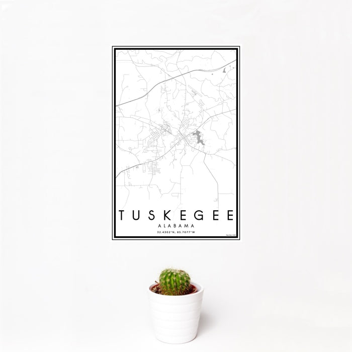 12x18 Tuskegee Alabama Map Print Portrait Orientation in Classic Style With Small Cactus Plant in White Planter