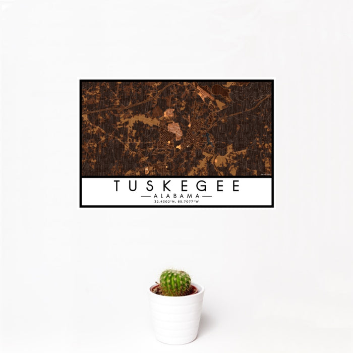 12x18 Tuskegee Alabama Map Print Landscape Orientation in Ember Style With Small Cactus Plant in White Planter