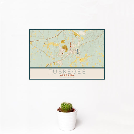 12x18 Tuskegee Alabama Map Print Landscape Orientation in Woodblock Style With Small Cactus Plant in White Planter