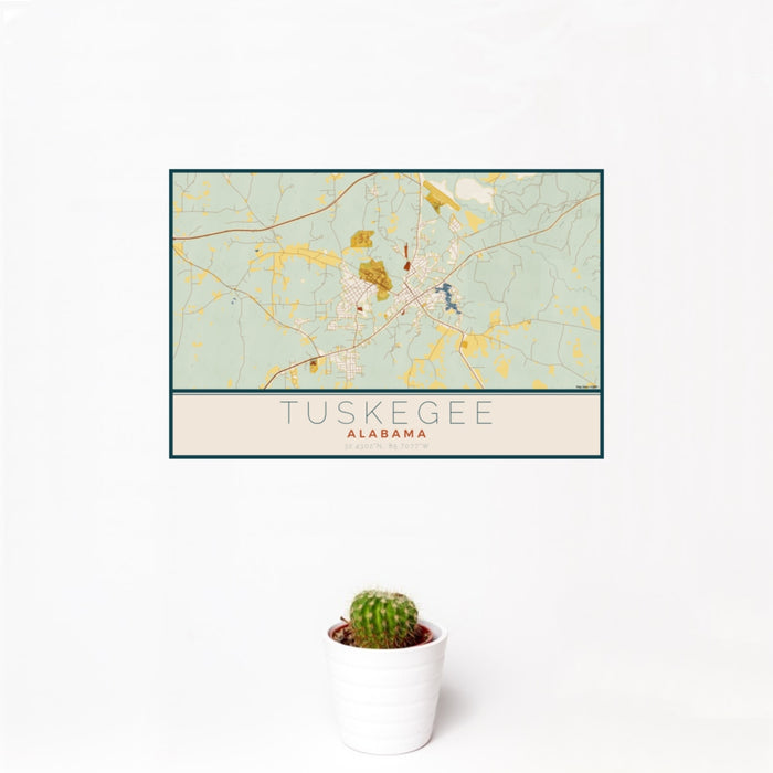 12x18 Tuskegee Alabama Map Print Landscape Orientation in Woodblock Style With Small Cactus Plant in White Planter