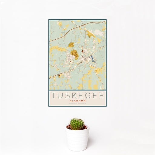 12x18 Tuskegee Alabama Map Print Portrait Orientation in Woodblock Style With Small Cactus Plant in White Planter