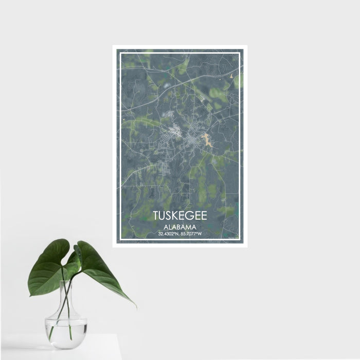 16x24 Tuskegee Alabama Map Print Portrait Orientation in Afternoon Style With Tropical Plant Leaves in Water