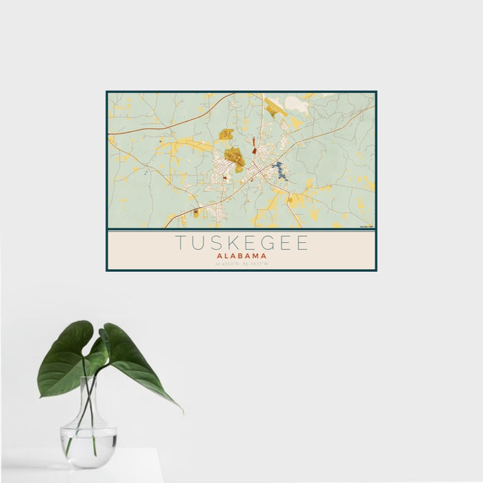 16x24 Tuskegee Alabama Map Print Landscape Orientation in Woodblock Style With Tropical Plant Leaves in Water