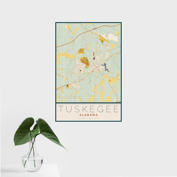 16x24 Tuskegee Alabama Map Print Portrait Orientation in Woodblock Style With Tropical Plant Leaves in Water