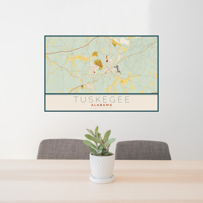 24x36 Tuskegee Alabama Map Print Lanscape Orientation in Woodblock Style Behind 2 Chairs Table and Potted Plant