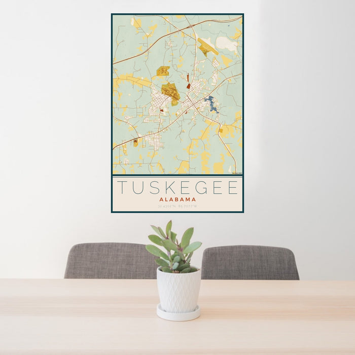 24x36 Tuskegee Alabama Map Print Portrait Orientation in Woodblock Style Behind 2 Chairs Table and Potted Plant