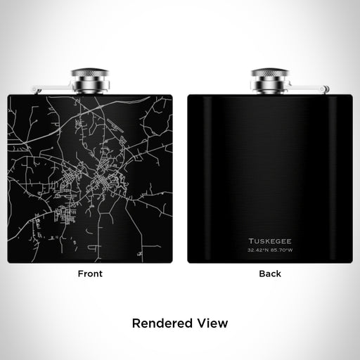 Rendered View of Tuskegee Alabama Map Engraving on 6oz Stainless Steel Flask in Black