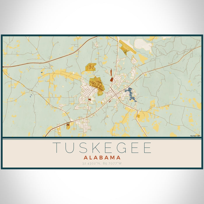 Tuskegee Alabama Map Print Landscape Orientation in Woodblock Style With Shaded Background