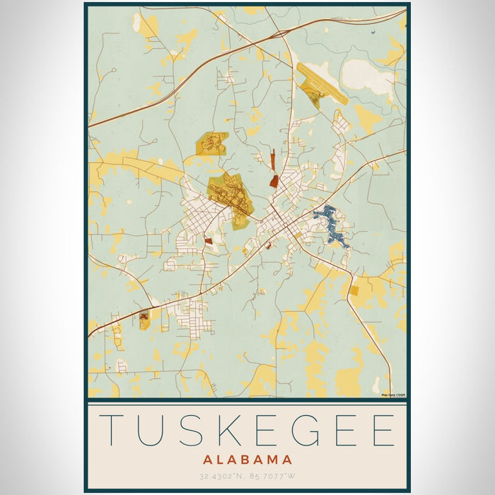 Tuskegee Alabama Map Print Portrait Orientation in Woodblock Style With Shaded Background