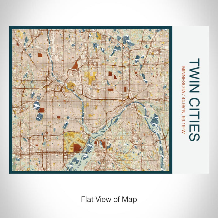 Rendered View of Twin Cities Minnesota Map on 20oz Stainless Steel Insulated Bottle with Bamboo Top with printed woodblock style map