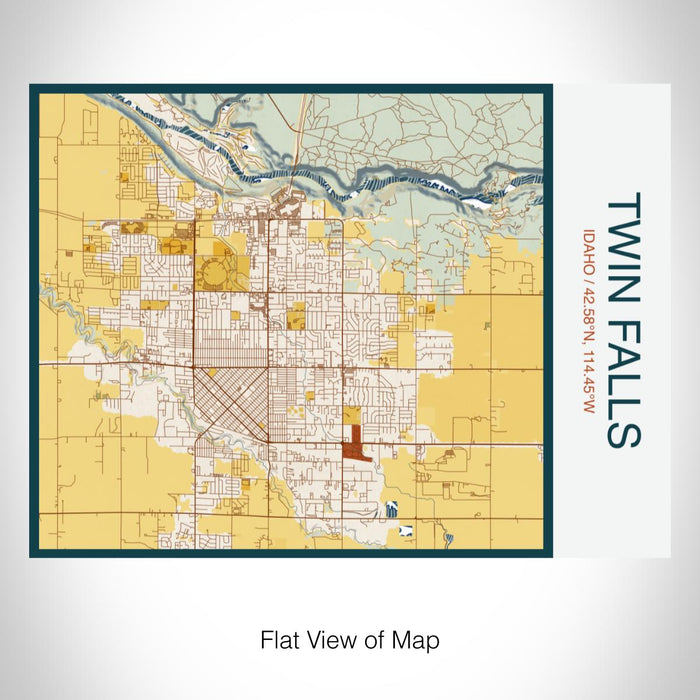 Rendered View of Twin Falls Idaho Map on 20oz Stainless Steel Insulated Bottle with Bamboo Top with printed woodblock style map