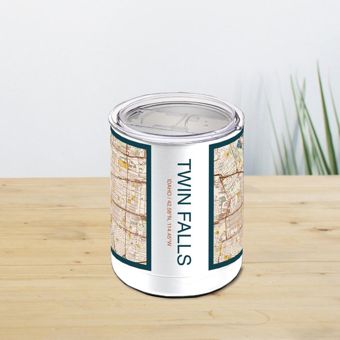 Twin Falls Idaho Custom City Map Inscription Coordinates on 10oz Stainless Steel Insulated Cup in Woodblock with Sliding Lid