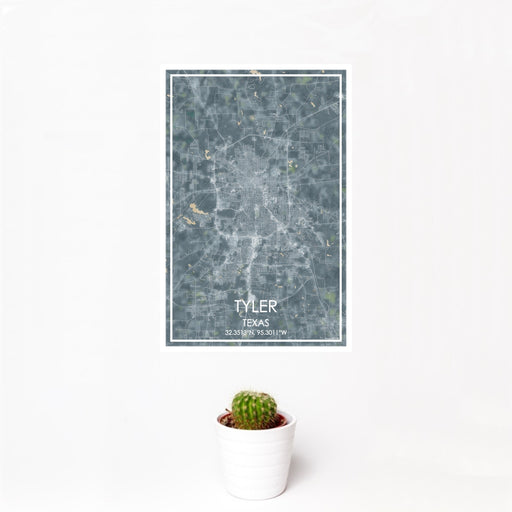 12x18 Tyler Texas Map Print Portrait Orientation in Afternoon Style With Small Cactus Plant in White Planter