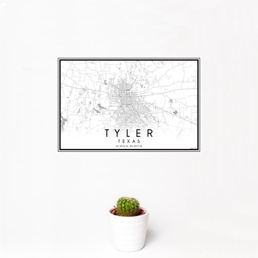 12x18 Tyler Texas Map Print Landscape Orientation in Classic Style With Small Cactus Plant in White Planter