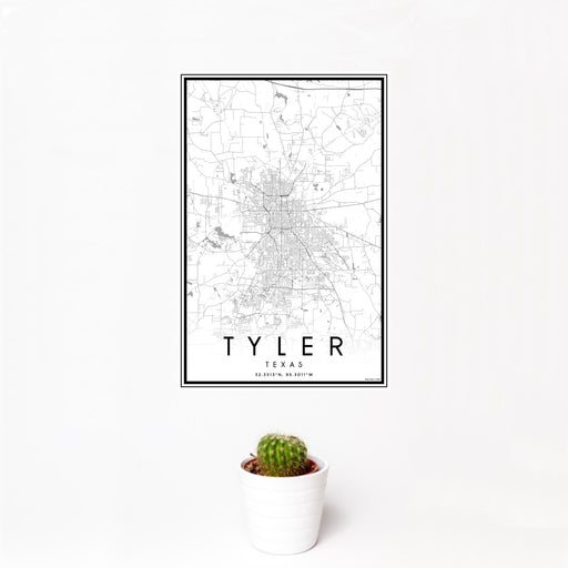 12x18 Tyler Texas Map Print Portrait Orientation in Classic Style With Small Cactus Plant in White Planter