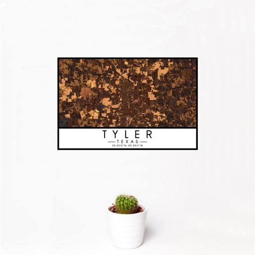 12x18 Tyler Texas Map Print Landscape Orientation in Ember Style With Small Cactus Plant in White Planter