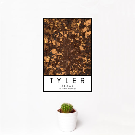 12x18 Tyler Texas Map Print Portrait Orientation in Ember Style With Small Cactus Plant in White Planter