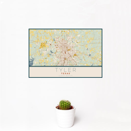 12x18 Tyler Texas Map Print Landscape Orientation in Woodblock Style With Small Cactus Plant in White Planter