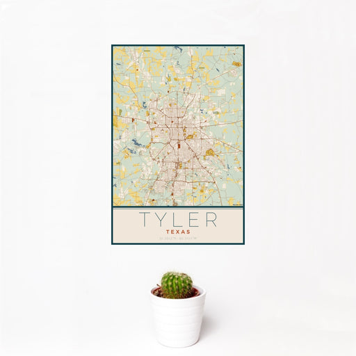 12x18 Tyler Texas Map Print Portrait Orientation in Woodblock Style With Small Cactus Plant in White Planter