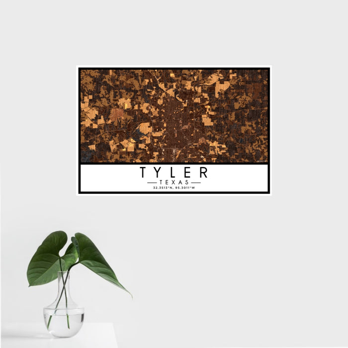 16x24 Tyler Texas Map Print Landscape Orientation in Ember Style With Tropical Plant Leaves in Water