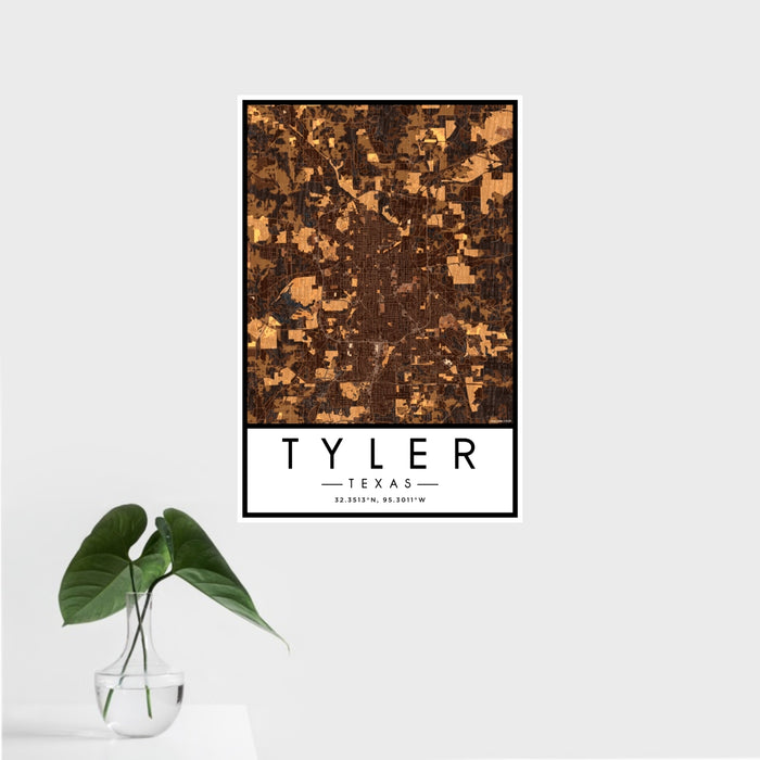16x24 Tyler Texas Map Print Portrait Orientation in Ember Style With Tropical Plant Leaves in Water
