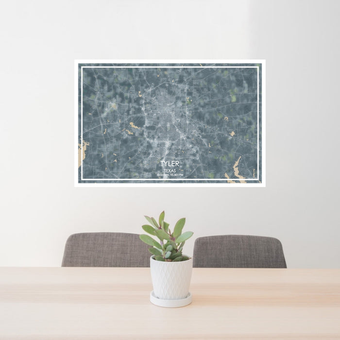 24x36 Tyler Texas Map Print Lanscape Orientation in Afternoon Style Behind 2 Chairs Table and Potted Plant