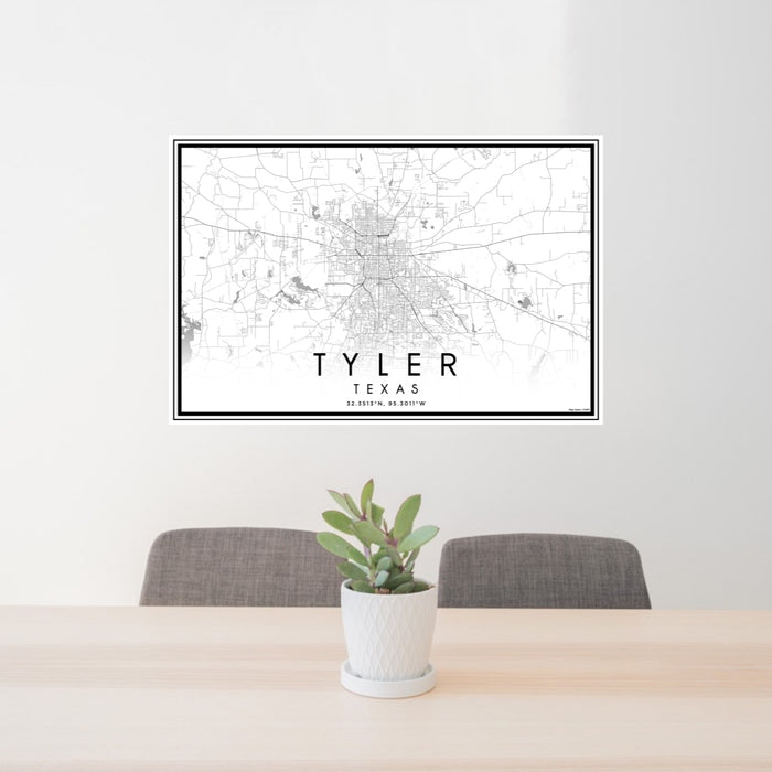 24x36 Tyler Texas Map Print Lanscape Orientation in Classic Style Behind 2 Chairs Table and Potted Plant