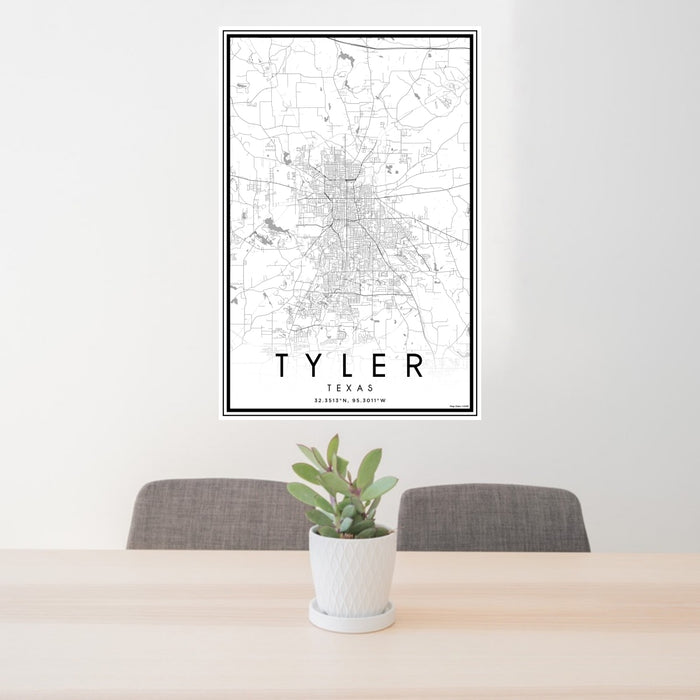 24x36 Tyler Texas Map Print Portrait Orientation in Classic Style Behind 2 Chairs Table and Potted Plant