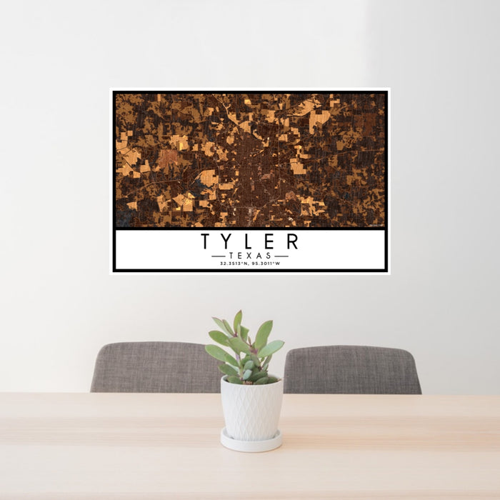 24x36 Tyler Texas Map Print Lanscape Orientation in Ember Style Behind 2 Chairs Table and Potted Plant