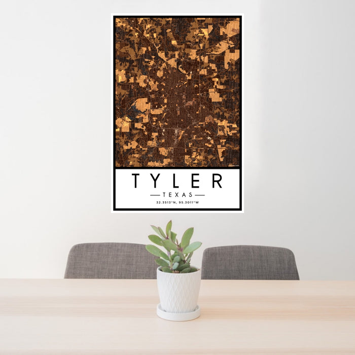 24x36 Tyler Texas Map Print Portrait Orientation in Ember Style Behind 2 Chairs Table and Potted Plant