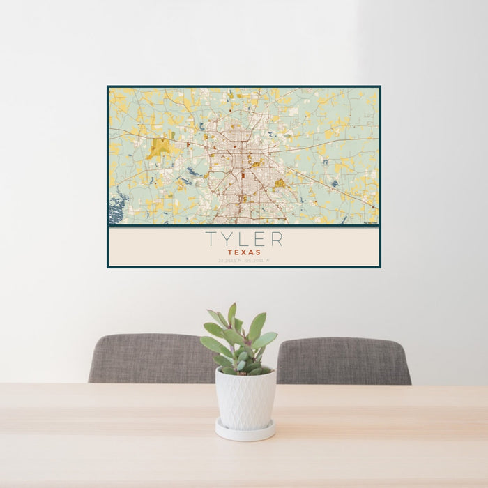 24x36 Tyler Texas Map Print Lanscape Orientation in Woodblock Style Behind 2 Chairs Table and Potted Plant