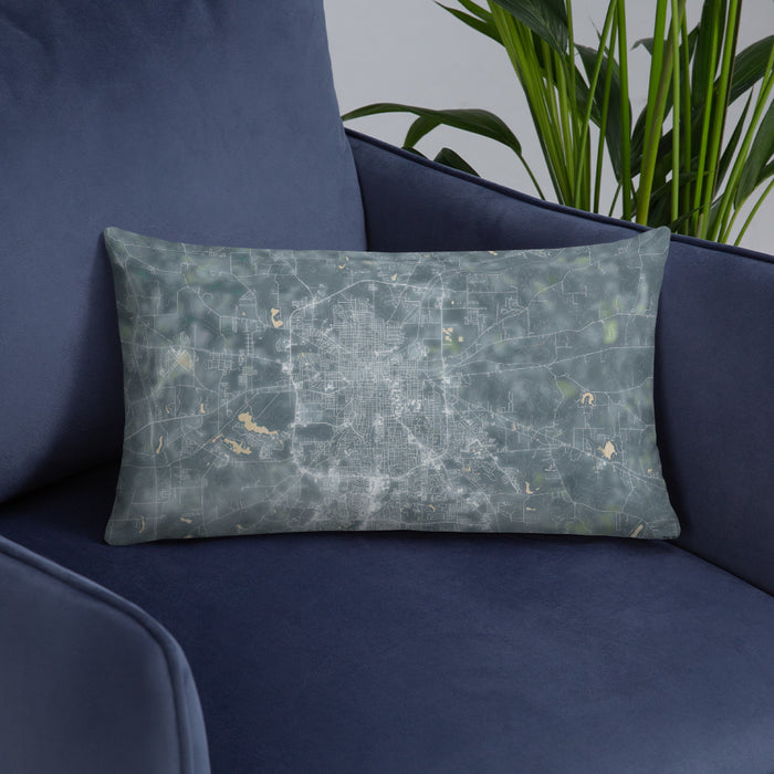 Custom Tyler Texas Map Throw Pillow in Afternoon on Blue Colored Chair
