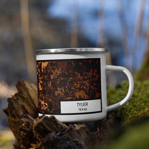 Right View Custom Tyler Texas Map Enamel Mug in Ember on Grass With Trees in Background