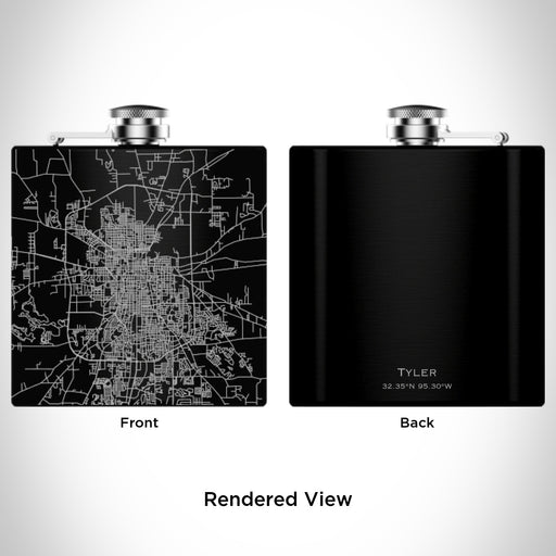 Rendered View of Tyler Texas Map Engraving on 6oz Stainless Steel Flask in Black