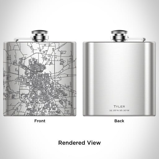 Rendered View of Tyler Texas Map Engraving on 6oz Stainless Steel Flask