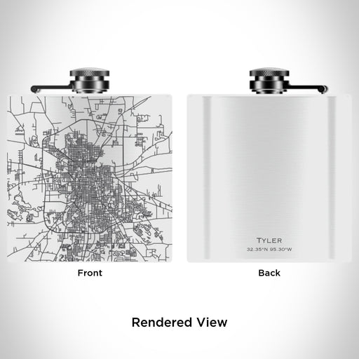 Rendered View of Tyler Texas Map Engraving on 6oz Stainless Steel Flask in White