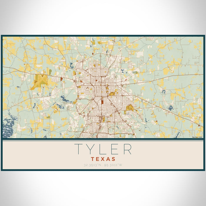 Tyler Texas Map Print Landscape Orientation in Woodblock Style With Shaded Background