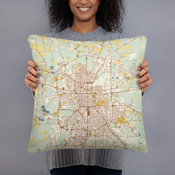 Person holding 18x18 Custom Tyler Texas Map Throw Pillow in Woodblock