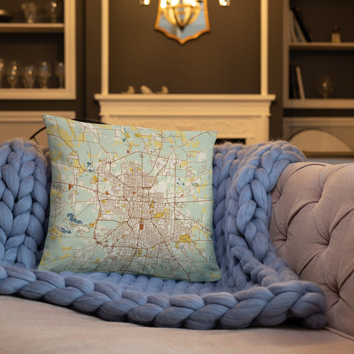 Custom Tyler Texas Map Throw Pillow in Woodblock on Cream Colored Couch