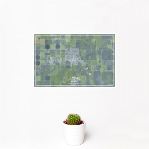 12x18 Ulysses Kansas Map Print Landscape Orientation in Afternoon Style With Small Cactus Plant in White Planter