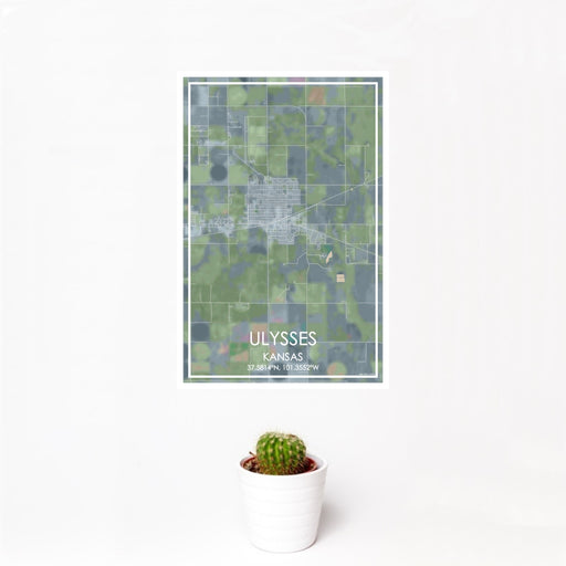 12x18 Ulysses Kansas Map Print Portrait Orientation in Afternoon Style With Small Cactus Plant in White Planter