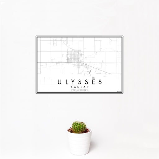 12x18 Ulysses Kansas Map Print Landscape Orientation in Classic Style With Small Cactus Plant in White Planter