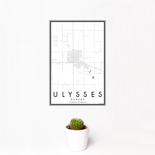 12x18 Ulysses Kansas Map Print Portrait Orientation in Classic Style With Small Cactus Plant in White Planter
