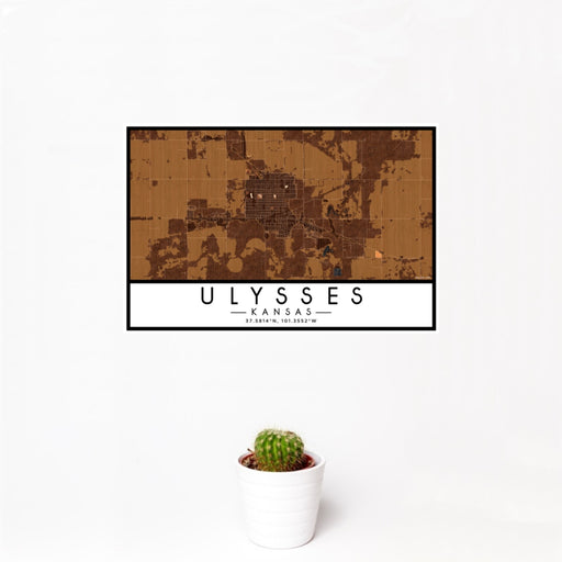 12x18 Ulysses Kansas Map Print Landscape Orientation in Ember Style With Small Cactus Plant in White Planter