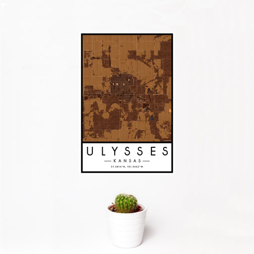 12x18 Ulysses Kansas Map Print Portrait Orientation in Ember Style With Small Cactus Plant in White Planter