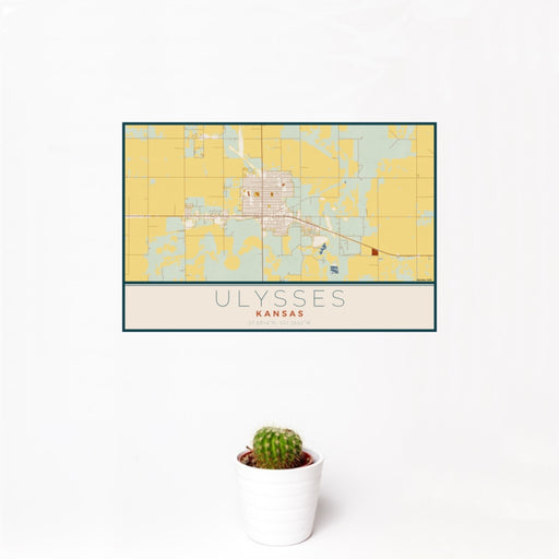 12x18 Ulysses Kansas Map Print Landscape Orientation in Woodblock Style With Small Cactus Plant in White Planter