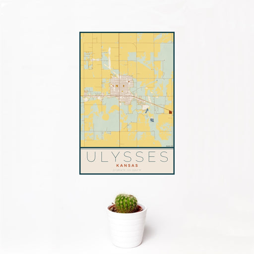 12x18 Ulysses Kansas Map Print Portrait Orientation in Woodblock Style With Small Cactus Plant in White Planter