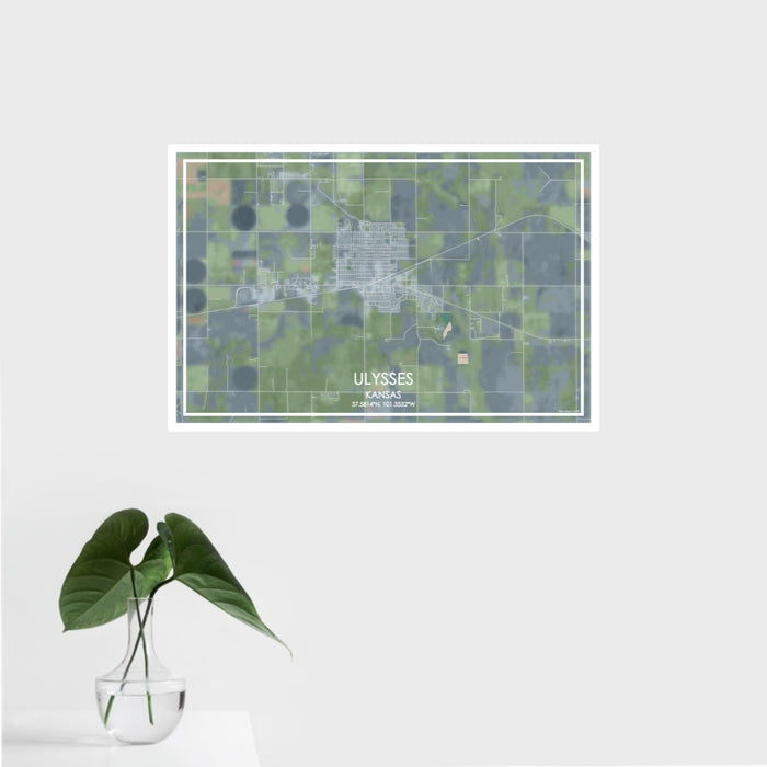 16x24 Ulysses Kansas Map Print Landscape Orientation in Afternoon Style With Tropical Plant Leaves in Water